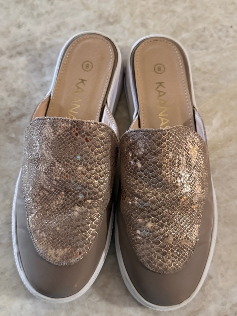 Kaanas Metallic Taupe Snake-Embossed Slip-On Mules